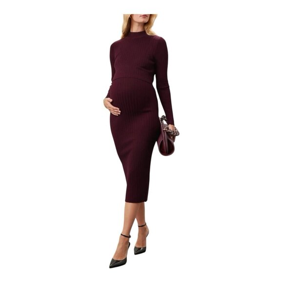 Ripe Maternity Nella Nursing Dress XL Long Sleeve Ribbed Stretch Burgundy Red - Picture 1 of 11